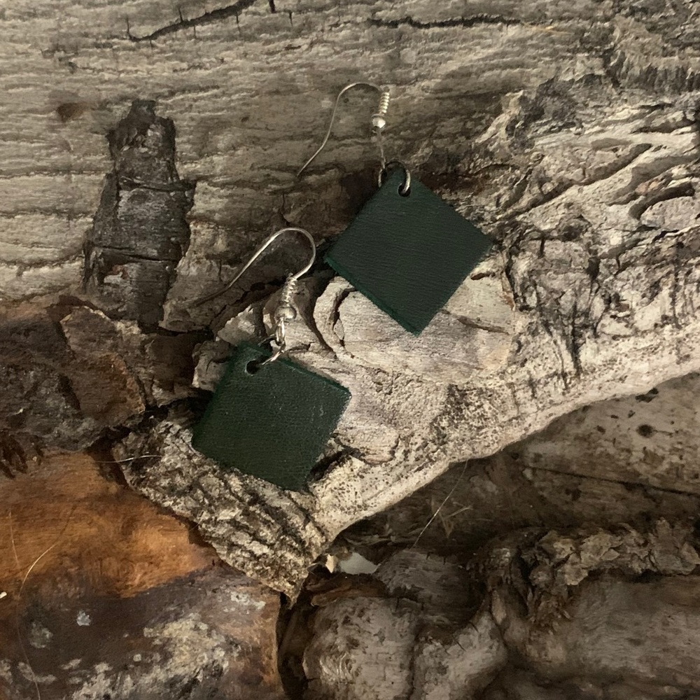 Silver and Green Leather Handcrafted Earrings